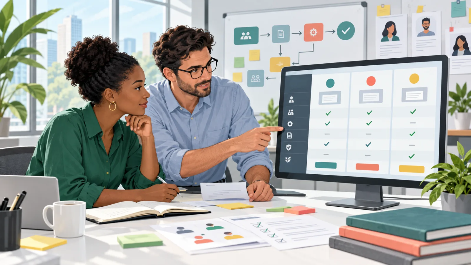Two HR professionals comparing software options on a structured evaluation screen Two HR professionals comparing software options on a structured evaluation screen